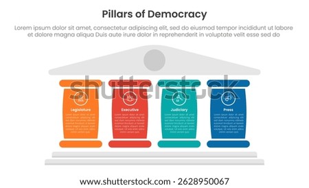 4 pillars democracy infographic template banner with big column for description for slide presentation vector