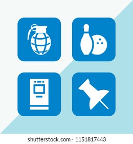 4 pin icons in vector set. atm, hand grenade, bowling and push pin illustration for web and graphic design