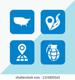 4 pin icons in vector set. hand grenade, maps and location, us map and location on road illustration for web and graphic design