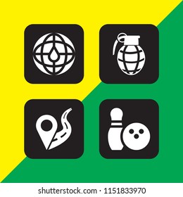 4 pin icons in vector set. hand grenade, maps and location, location on road and bowling illustration for web and graphic design