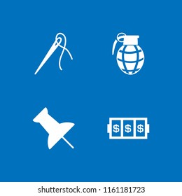 4 pin icons in vector set. slots coincidence, push pin, needle with thread to sew clothes and hand grenade illustration for web and graphic design