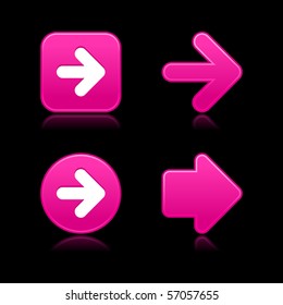 4 pink web 2.0 button arrow symbol. Satin smooth shapes with reflection on black background.