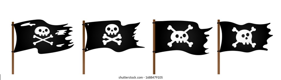 4 Pirate flag with Jolly Rogeras skull and crossing bones flat style design vector illustration collection set isolated on white background.