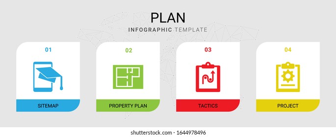 4 iconos rellenos de plan establecidos aislados en plantilla infográfica. Iconos establecidos con SiteMap, Plan de propiedades, tácticas, iconos de proyecto.