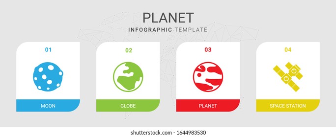4 planet filled icons set isolated on infographic template. Icons set with moon, globe, space station icons.