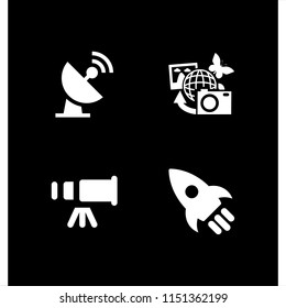 4 planet icons in vector set. satellite, earth pictures, rocket and telescope illustration for web and graphic design