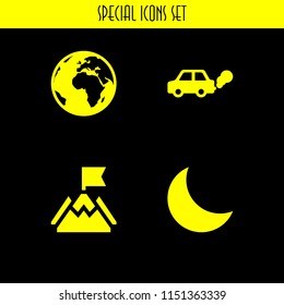 4 planet icons in vector set. moon, globe, contamination and mission illustration for web and graphic design
