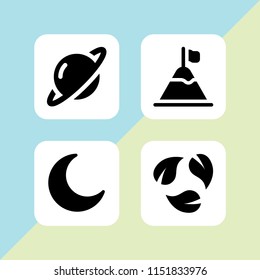 4 planet icons in vector set. mission, recycle symbol of three leaves, moon and saturn illustration for web and graphic design