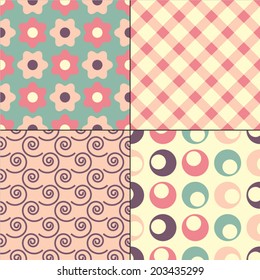 4 Pleasing different vector seamless patterns. Great for printing on fabric and gift wrapping paper or scrapbook. 
