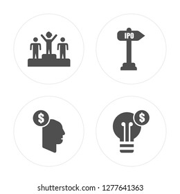 4 Podium, Thinking, Ipo, Light bulb modern icons on round shapes, vector illustration, eps10, trendy icon set.