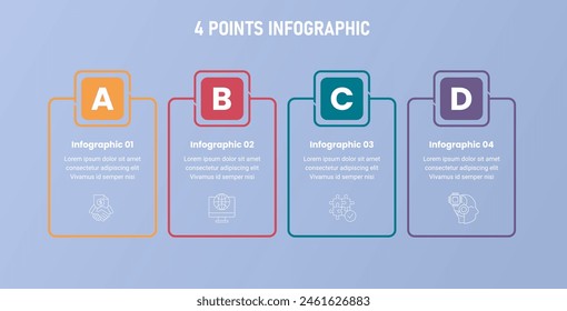 Plantilla infográfica de 4 puntos de etapa o paso con cuadro de esquema e insignia de encabezado grande para el Vector de presentación de diapositivas