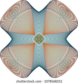 4 point tied guilloche rosette with deep color tones of dark teal and dark orange.