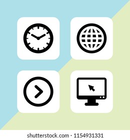 4 pointer icons in vector set. right arrow circular button, cursor, wall clock and world wide web illustration for web and graphic design