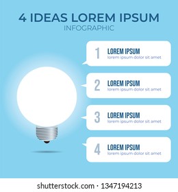 4 points of idea, infographic element vector with white lamp turns on illustration.