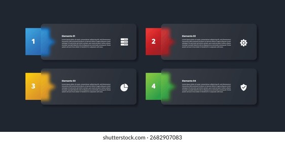 Infografía de 4 puntos con estilo de morfismo de vidrio con caja rectangular con signo de comentario de discusión en el lado con Vector de 4 Elementos