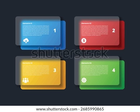4 points infographic with glassmorphism style with round rectangle box with layer background with 4 elements vector