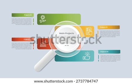 4 points infographic with glossy gradient style with magnifying zoom tools and long rectangle box on unbalance vertical list with four segment information vector