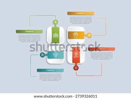 4 points infographic with glossy gradient style with round square box with liquid circle on cycle circular with four segment information vector