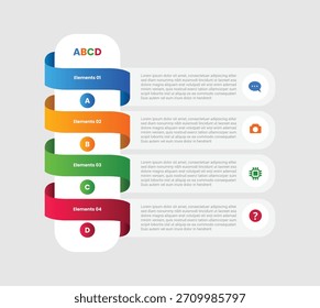 Infográfico de 4 pontos com estilo de gradiente com retângulo arredondado vertical com fita empilhada invertida suave com 4 elementos etapas vetor