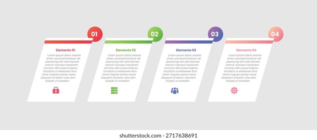 Infográfico de 4 pontos com estilo gradiente com caixa de retângulo inclinado com emblema de cabeçalho de espiral na parte superior com 4 elementos stage vetor