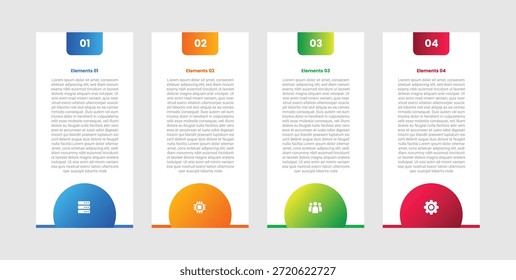 Infografía de 4 puntos con estilo de gradiente con contenedor de caja alta con insignia de medio círculo en la parte inferior con 4 etapas de Elementos Vector