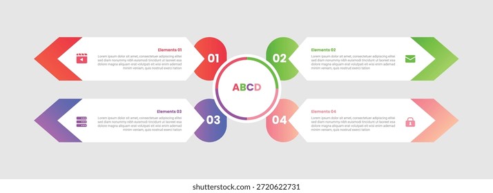 4 pontos infográfico com estilo de gradiente com centro de círculo com caixa de seta recipiente na estrutura de quadrante com 4 elementos estágios vetor
