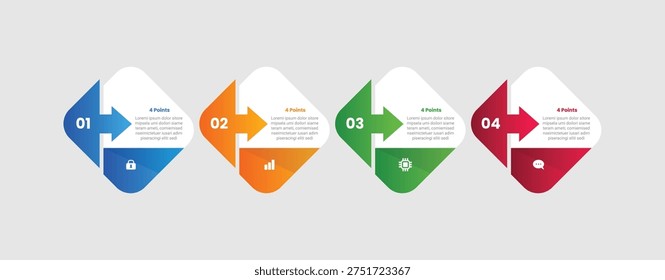 4 points infographic with gradient style with creative rhombus shape with arrow combination slice cut on horizontal direction with 4 elements stages vector