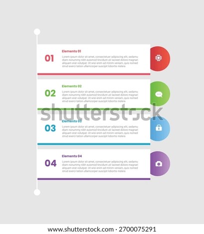4 points infographic with gradient style with long rectangle box with stacked list with line connection with 4 elements stages vector