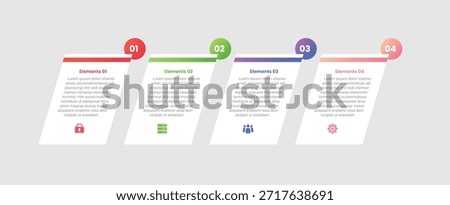 4 points infographic with gradient style with skew rectangle box with swirl header badge on top with 4 elements stages vector