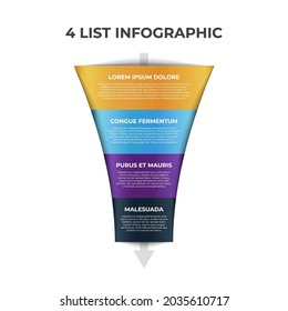 4 points, layers, options, step of list infographic element with funnel chart diagram