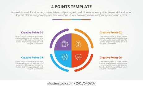4 points stage list template infographic concept for slide presentation with big circle piechart center with outline sliced with flat style