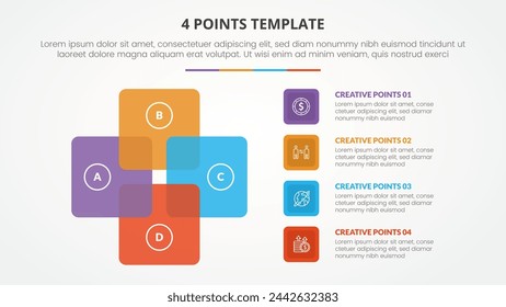 4 puntos plantilla de la lista de etapas concepto infográfico para presentación de diapositivas con venn mezclando ciclo de forma cuadrada con estilo plano