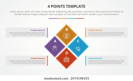 4 points stage list template infographic concept for slide presentation with rotated square creating diamond shape on center with flat style vector
