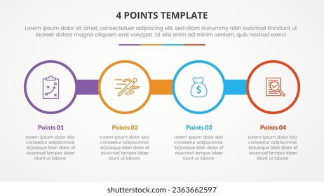 4 points stage template infographic concept for slide presentation with big circle connected horizontal 4 point list with flat style