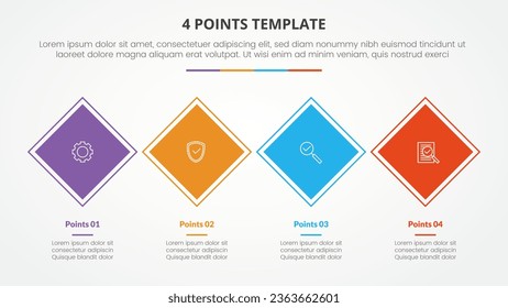 Concepto de infografía de plantilla de 4 puntos para presentación de diapositivas con cuadro girado horizontal 4 puntos con estilo plano