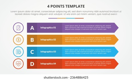 Concepto de infografía de plantilla de 4 puntos para presentación de diapositivas con rectángulo largo con borde de flecha 4 puntos lista con estilo plano