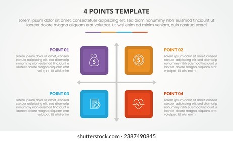 4 points stage template infographic concept for slide presentation with square box matrix structure with arrow shape with 4 point list with flat style