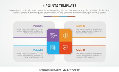 4 points stage template infographic concept for slide presentation with big rectangle center and box description around with 4 point list with flat style