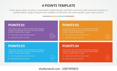 4 points stage template infographic concept for slide presentation with big rectangle box with matrix structure with 4 point list with flat style