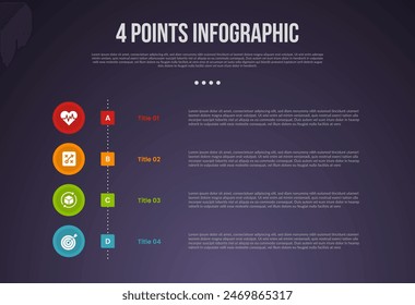 4 points or step process infographic with vertical timeline circle style with modern dark style for slide presentation vector