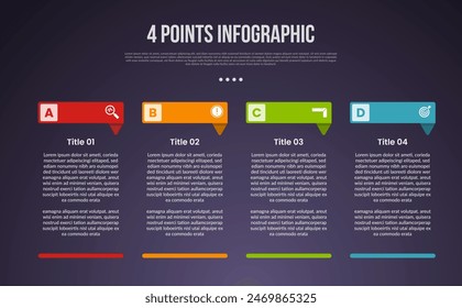 4 points or step process infographic with creative header table with footer with modern dark style for slide presentation vector