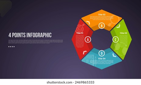 4 points or step process infographic with big outline circle piechart on right column with modern dark style for slide presentation vector