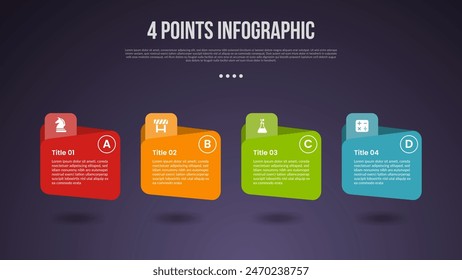 4 points or step process infographic with folder box container with shadow bottom and horizontal direction with modern dark style for slide presentation vector