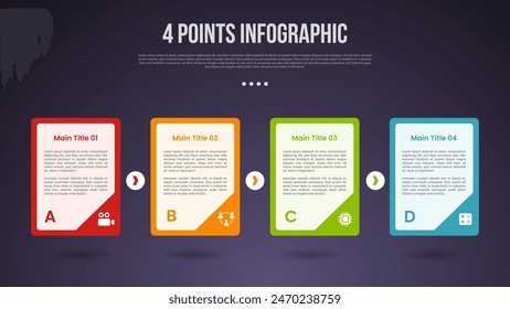 4 points or step process infographic with big container box sharp edge with badge on bottom with modern dark style for slide presentation vector