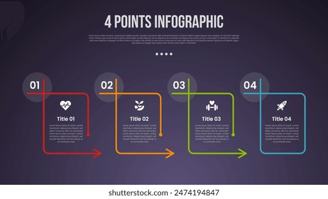 4 points or step process infographic with outline table box with arrow direction and circle header edge with modern dark style for slide presentation vector