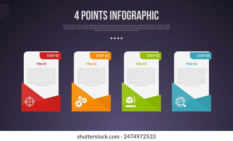 4 puntos o paso proceso infografía con tabla de caja de Vertical con diseño de pie de página creativo con estilo moderno oscuro para el Vector de presentación de diapositivas