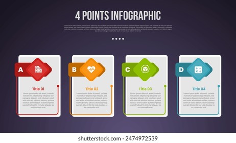 4 points or step process infographic with vertical box with creative header badge with modern dark style for slide presentation vector