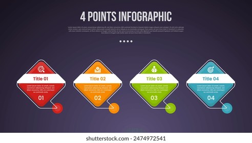 4 points or step process infographic with diamond shape with line connection footer with modern dark style for slide presentation vector