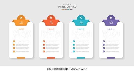 4 points template comparison concept for infographic with box table container with checklist and circle badge top with drop shadow style with two point list information vector