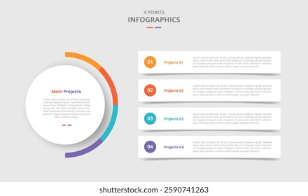 4 points template comparison concept for infographic with main circle and long rectangle box stacked layer with drop shadow style with two point list information vector